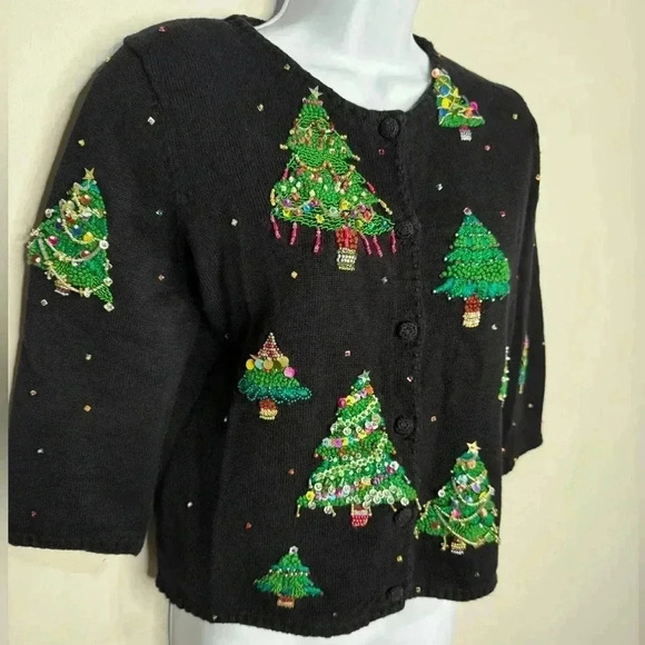 Vintage Michael Simon Cardigan Christmas Trees Embellished sweater Size Medium - Picture 2 of 12